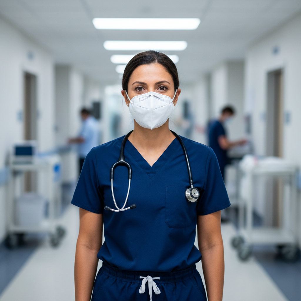 Healthcare professional nurse wearing N95 respirator mask in clinical setting, demonstrating proper OSHA-compliant respiratory protection in hospital environment