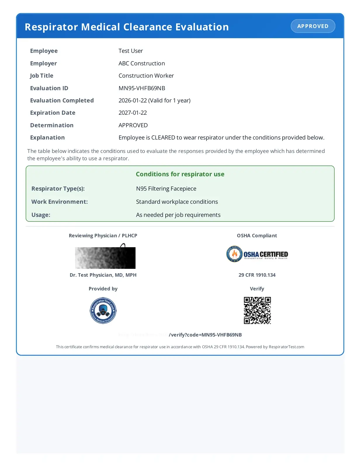 Sample OSHA 1910.134 N95 medical clearance certificate showing physician signature, QR verification code, and OSHA compliance information