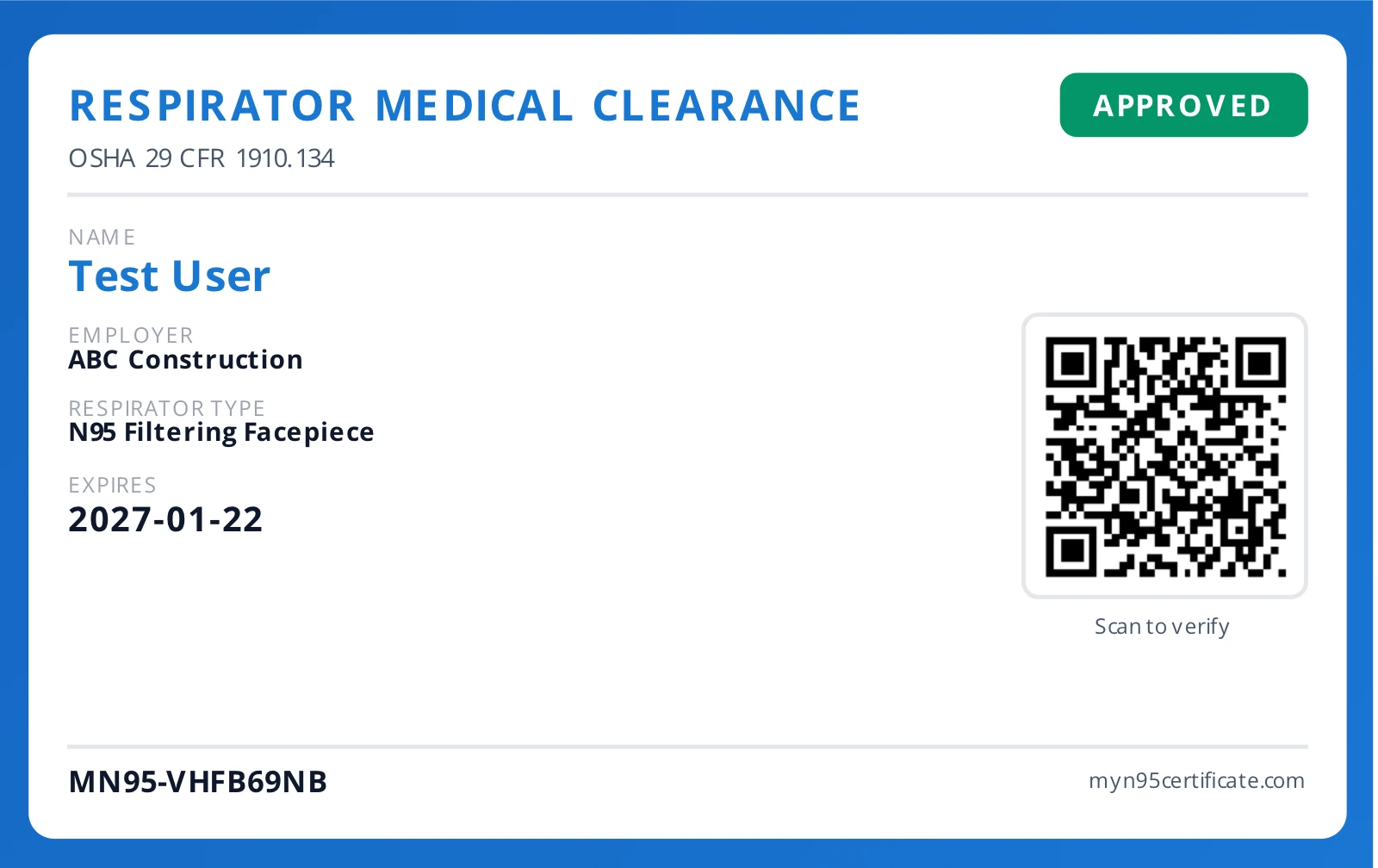 Respirator certification wallet card showing worker name, employer, expiration date, and QR verification code for instant validation